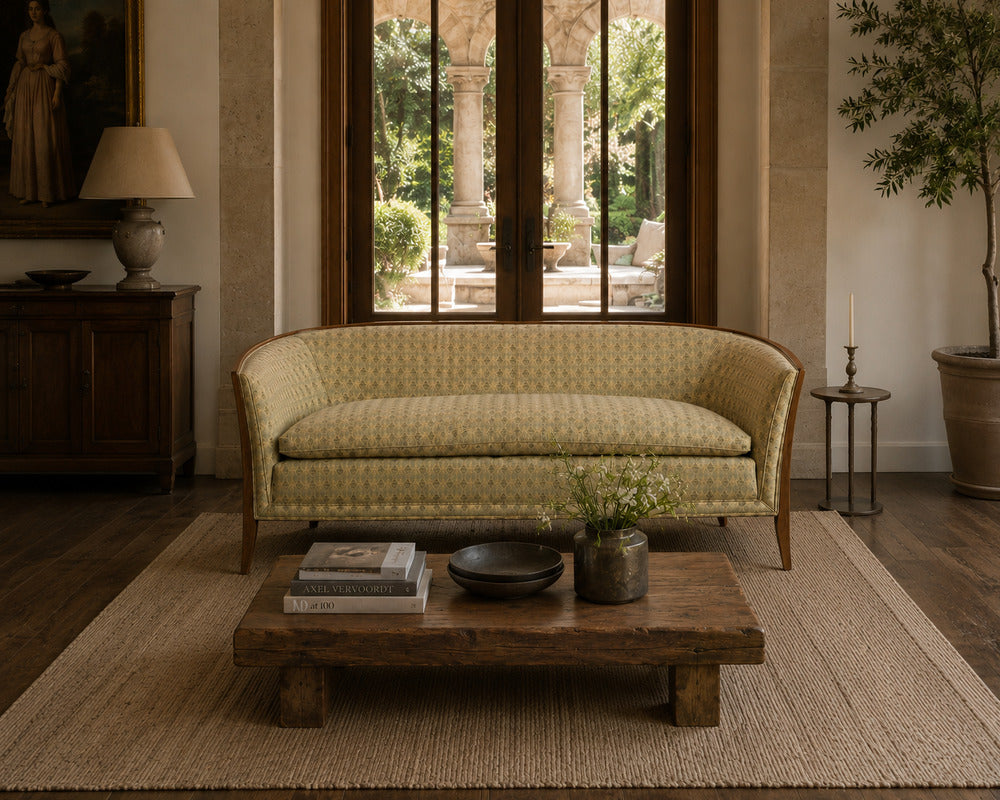 John Stuart, Irwin Furniture Co., American Mid-Century Modern, Curved Settee, Walnut, Fabric, USA, 1950s