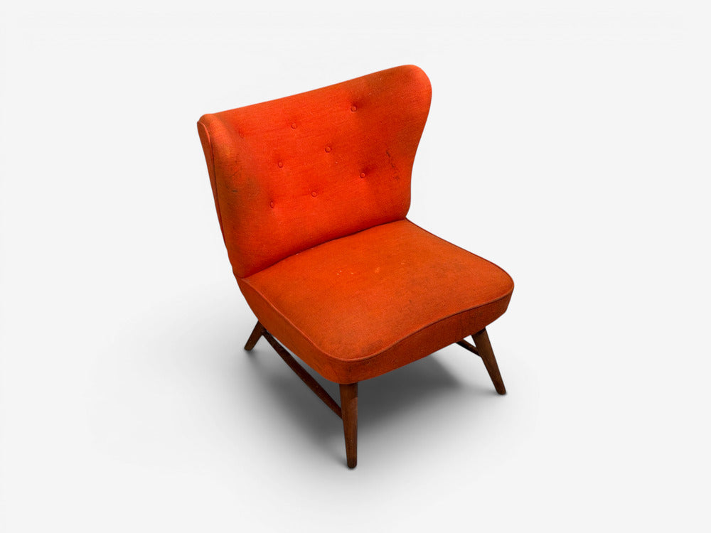 Elias Svendberg, Rare Easy Chair, Wood, Red Fabric, Sweden, 1940s