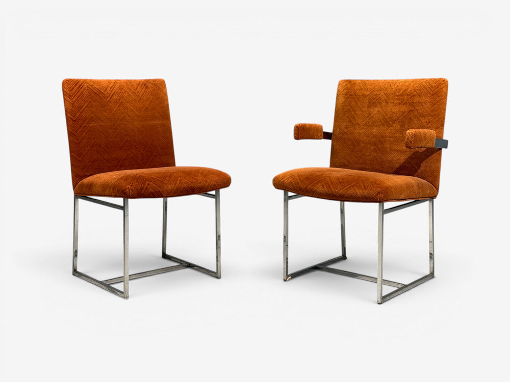 Milo Baughman, Six Dining Chairs, Chrome, Fabric, USA, 1970s