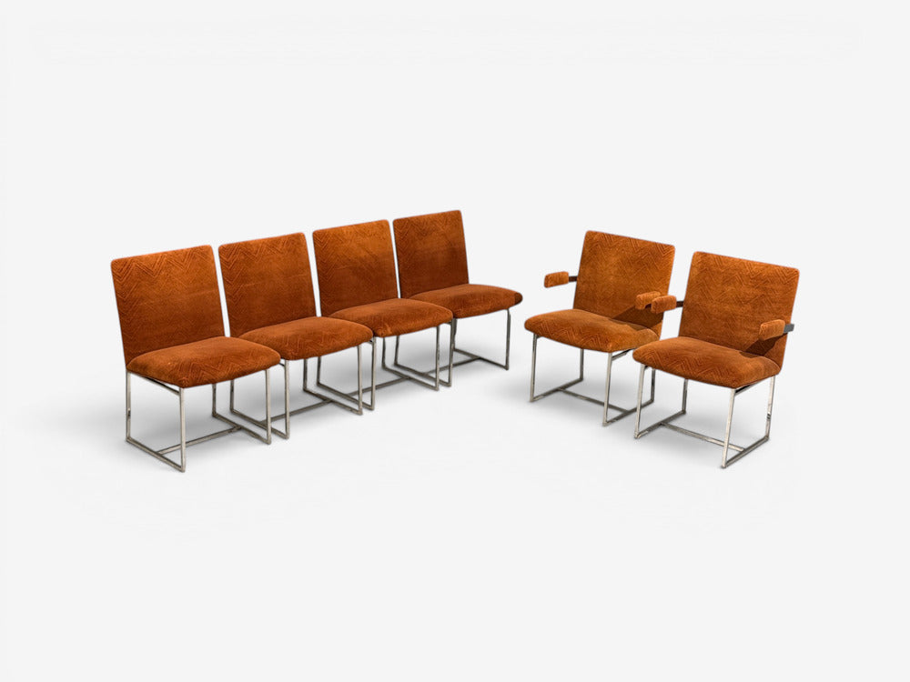 Milo Baughman, Six Dining Chairs, Chrome, Fabric, USA, 1970s