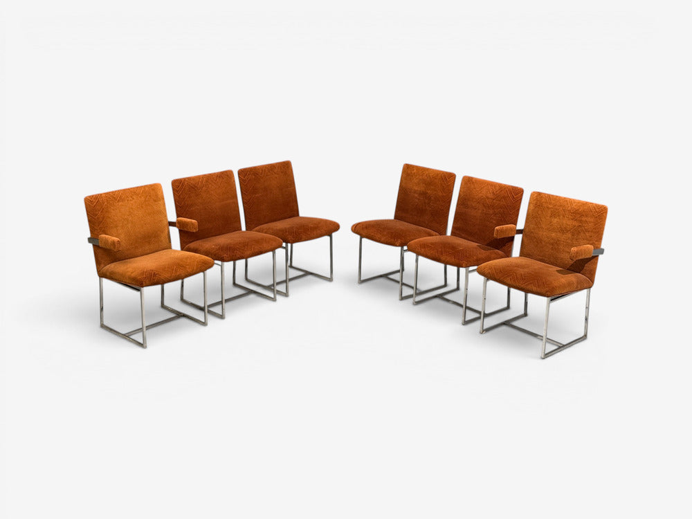 Milo Baughman, Six Dining Chairs, Chrome, Fabric, USA, 1970s