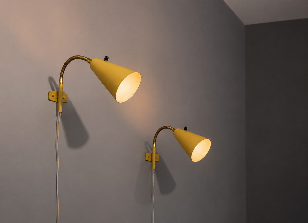 AJH, Adjustable Wall Sconces, Lacquered Metal, Brass, Sweden, 1950s