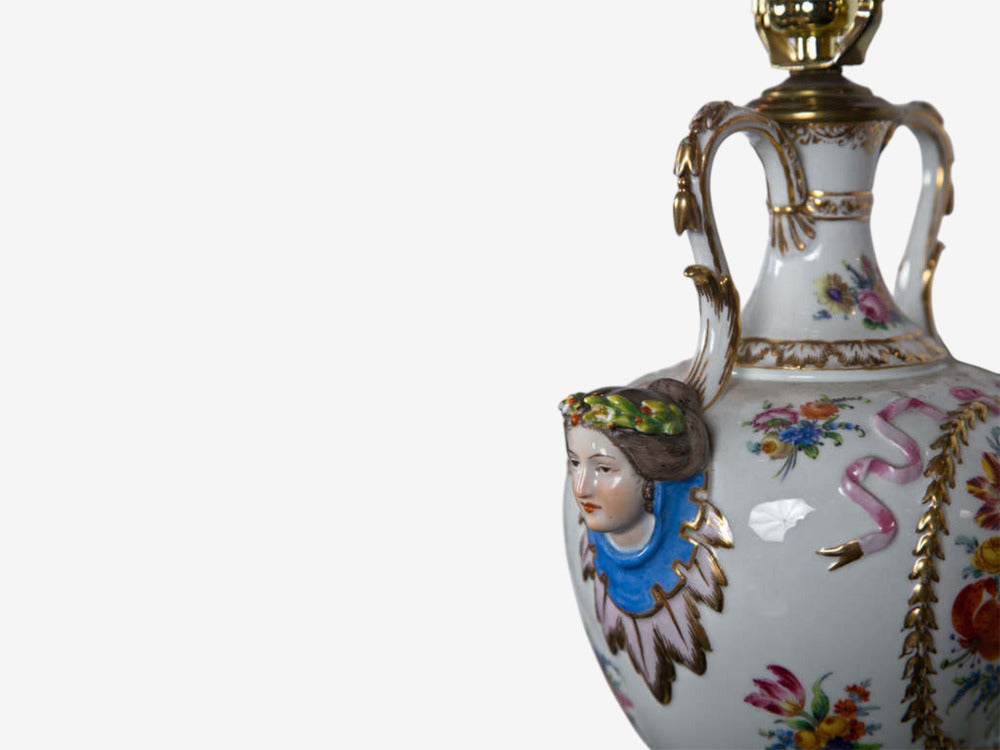 Regency Style, Urn Table Lamps, Porcelain, Painted Wood, France, 20th c.