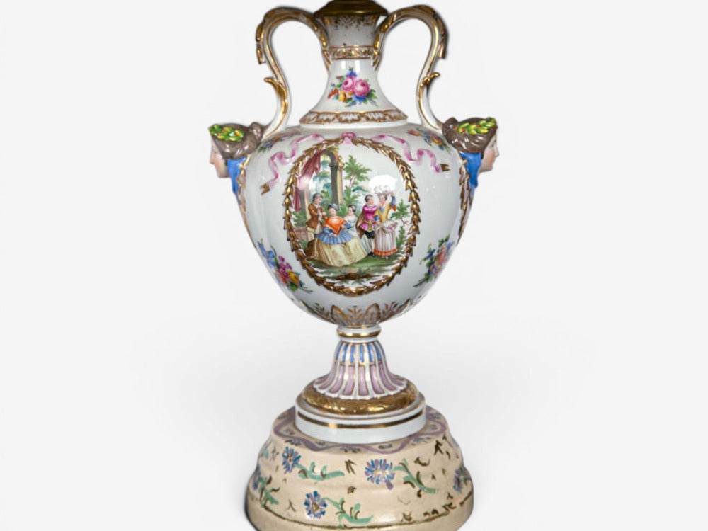 Regency Style, Urn Table Lamps, Porcelain, Painted Wood, France, 20th c.