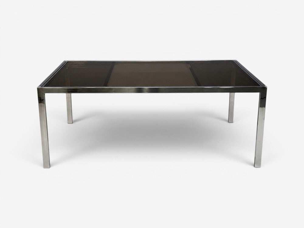 Milo Baughman Style, Expanding Dining Table, Chrome, Smoked Glass, USA, 1970s