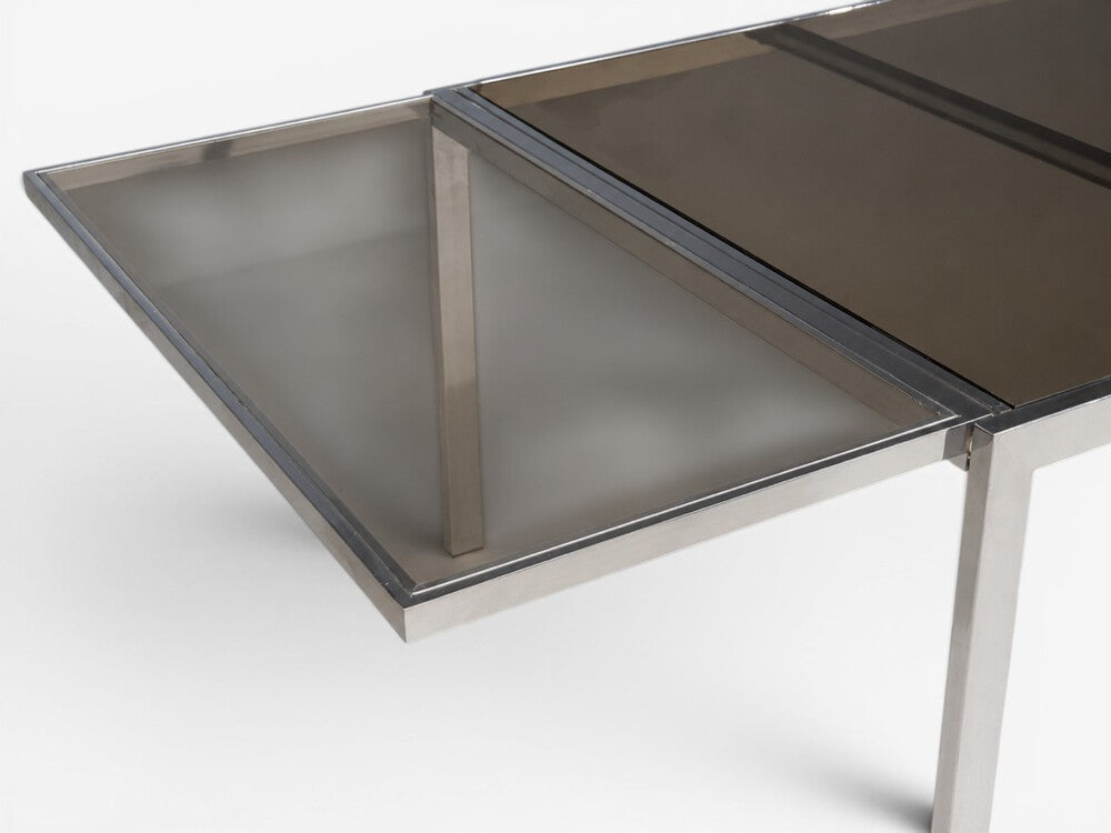 Milo Baughman Style, Expanding Dining Table, Chrome, Smoked Glass, USA, 1970s