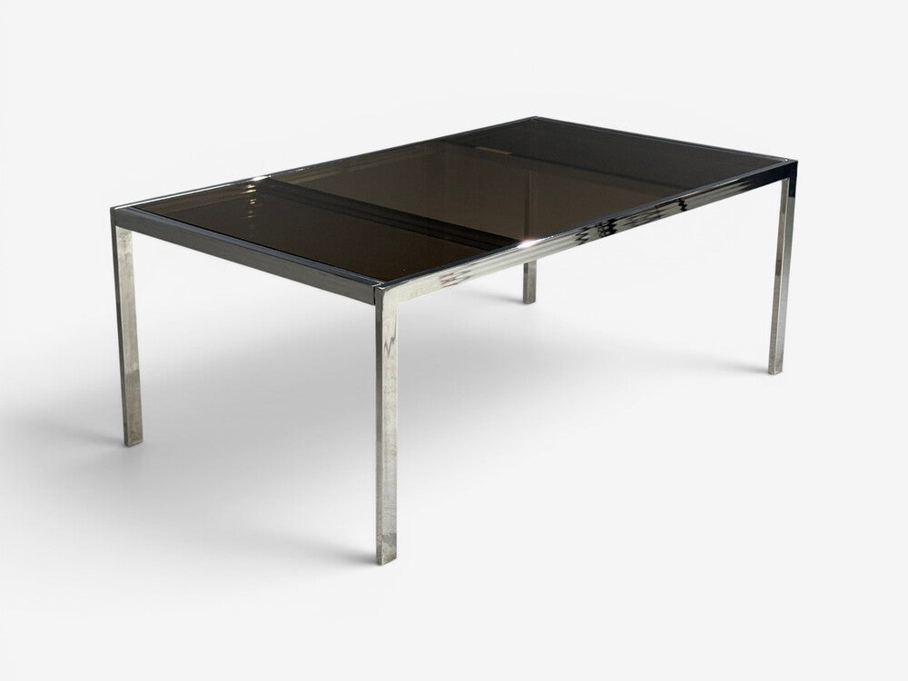 Milo Baughman Style, Expanding Dining Table, Chrome, Smoked Glass, USA, 1970s