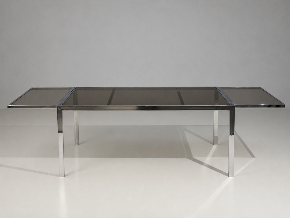 Milo Baughman Style, Expanding Dining Table, Chrome, Smoked Glass, USA, 1970s