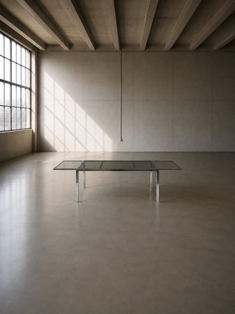 Milo Baughman Style, Expanding Dining Table, Chrome, Smoked Glass, USA, 1970s