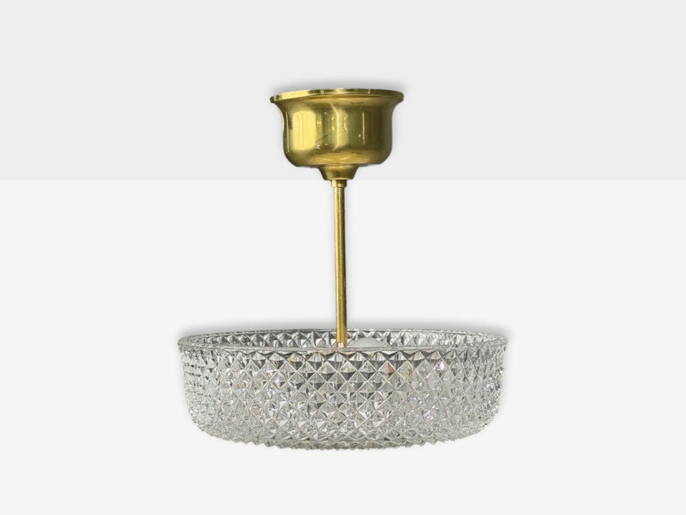 Carl Fagerlund Style, Pendant Light, Brass, Textured Glass, Sweden, 1960s