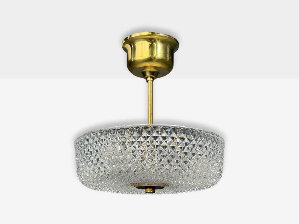 Carl Fagerlund Style, Pendant Light, Brass, Textured Glass, Sweden, 1960s