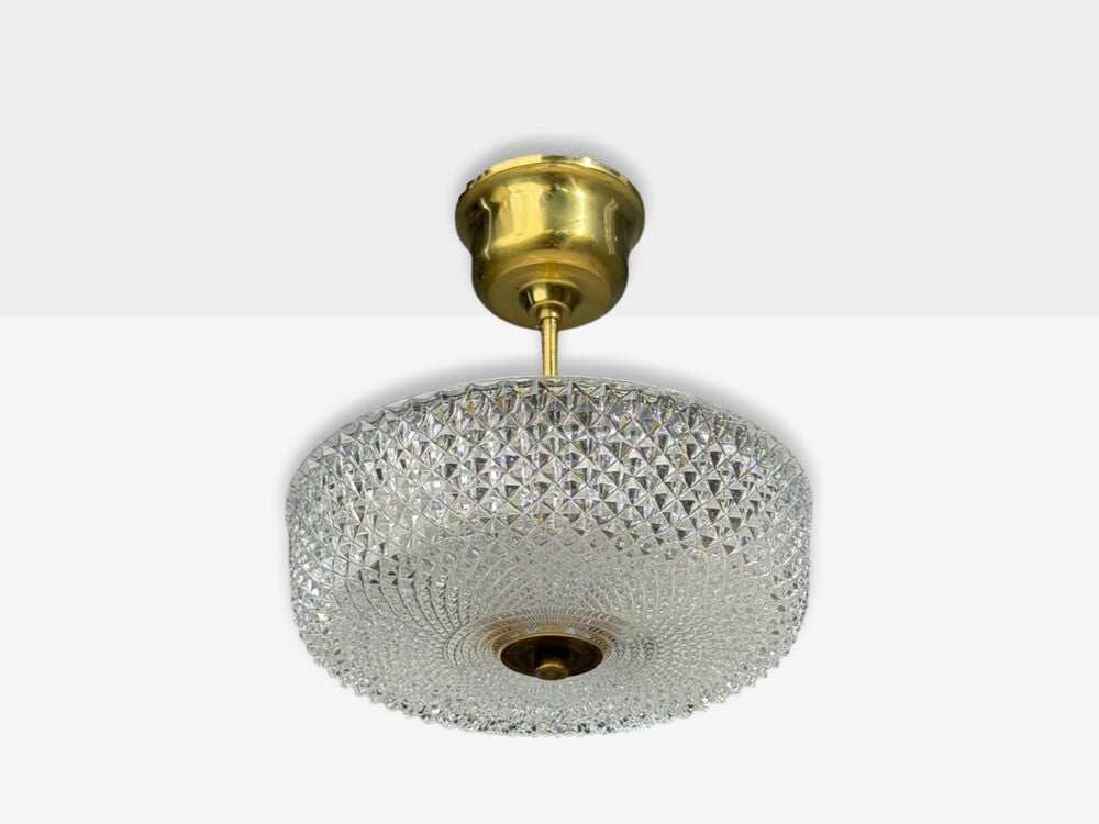 Carl Fagerlund Style, Pendant Light, Brass, Textured Glass, Sweden, 1960s