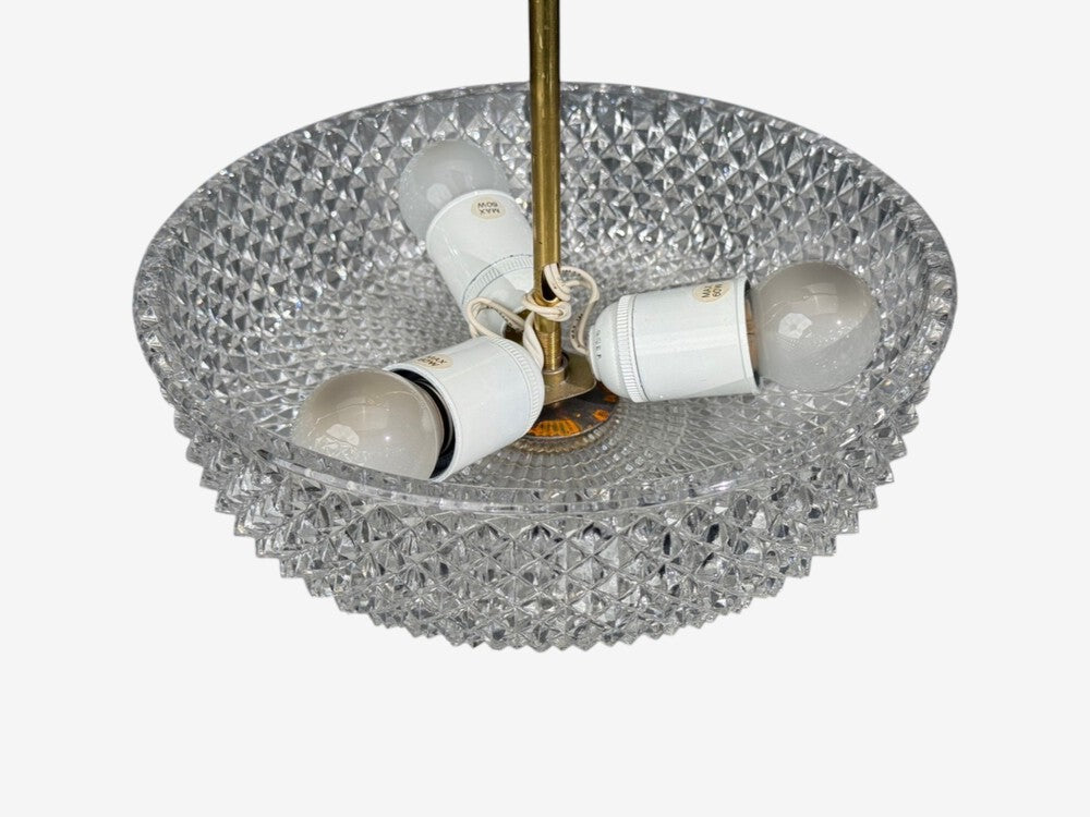 Carl Fagerlund Style, Pendant Light, Brass, Textured Glass, Sweden, 1960s