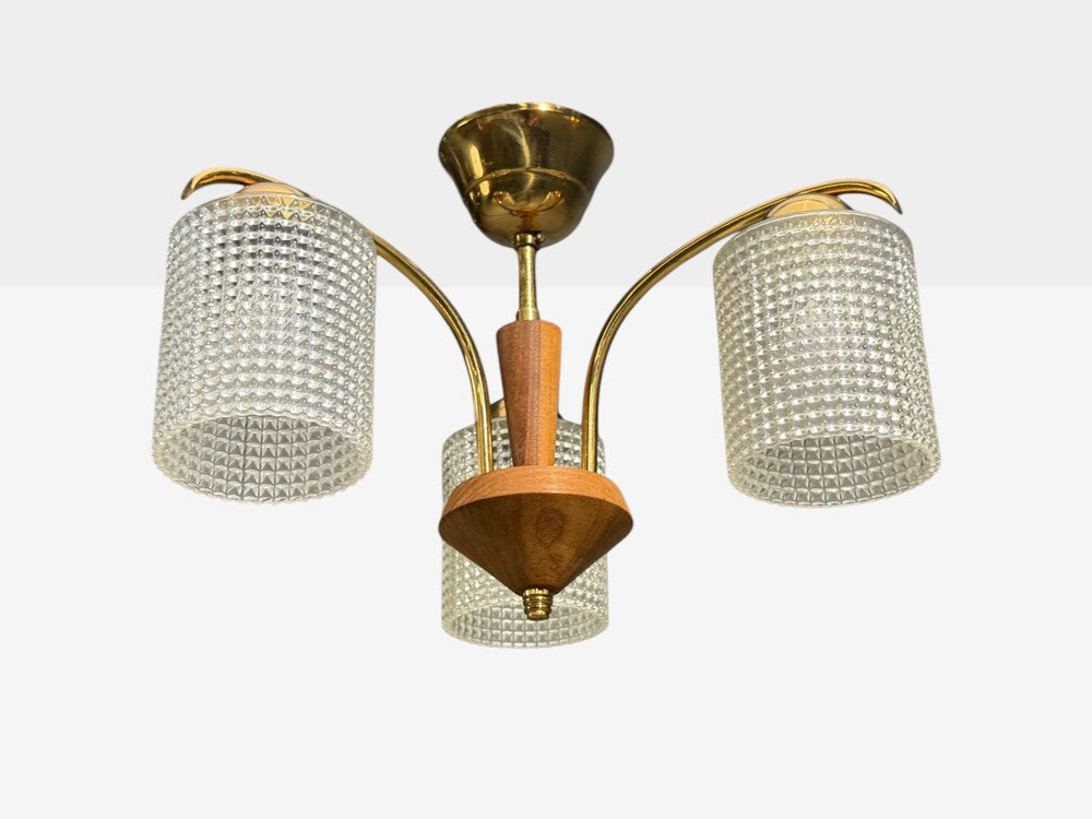 Swedish Modern, Small Pendant Light, Brass, Teak, Textured Glass, Sweden, 1950s