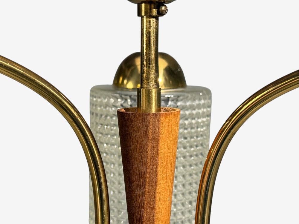 Swedish Modern, Small Pendant Light, Brass, Teak, Textured Glass, Sweden, 1950s