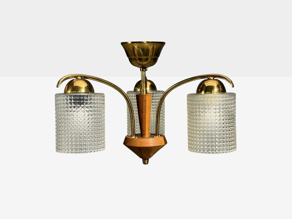Swedish Modern, Small Pendant Light, Brass, Teak, Textured Glass, Sweden, 1950s