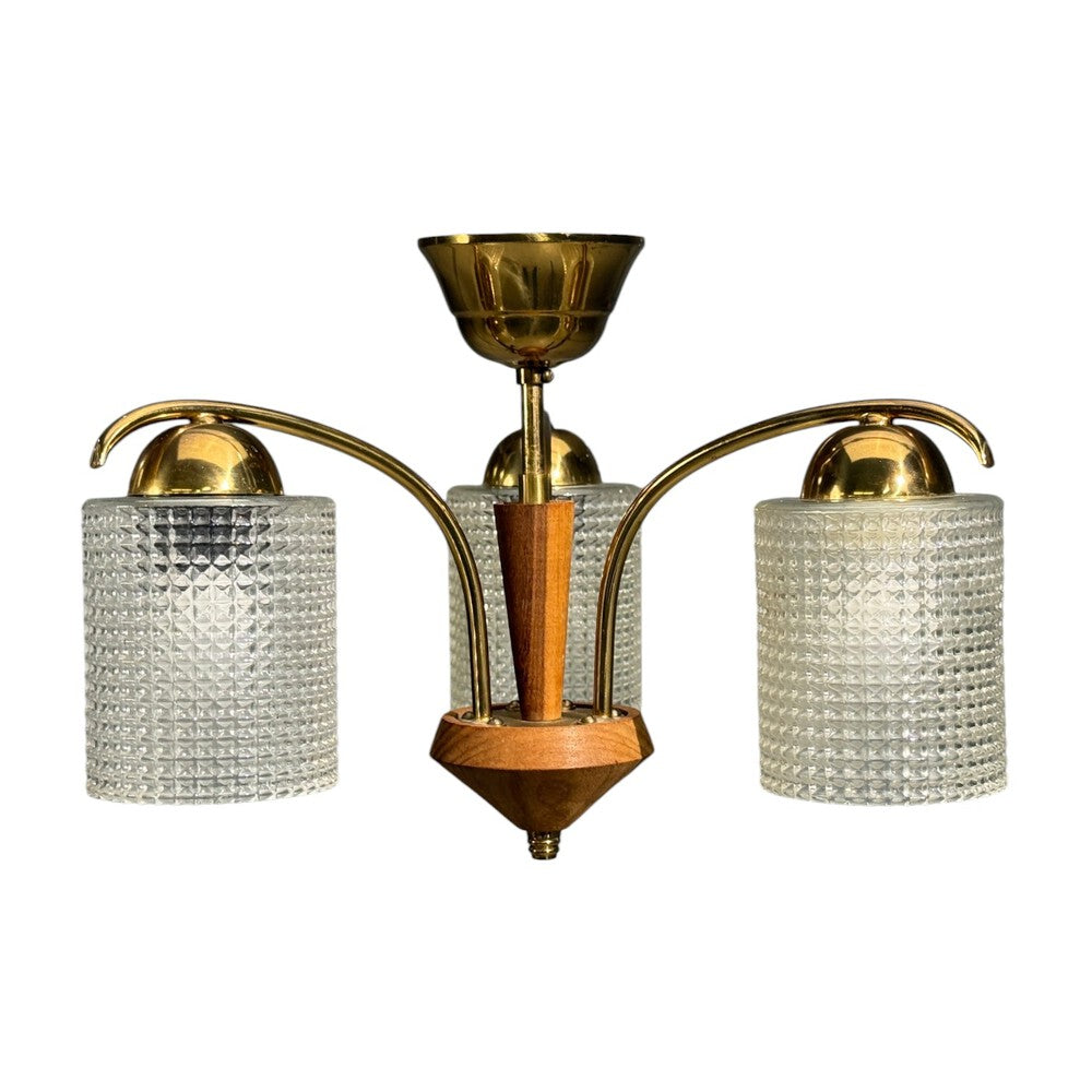 Swedish Modern, Small Pendant Light, Brass, Teak, Textured Glass, Sweden, 1950s