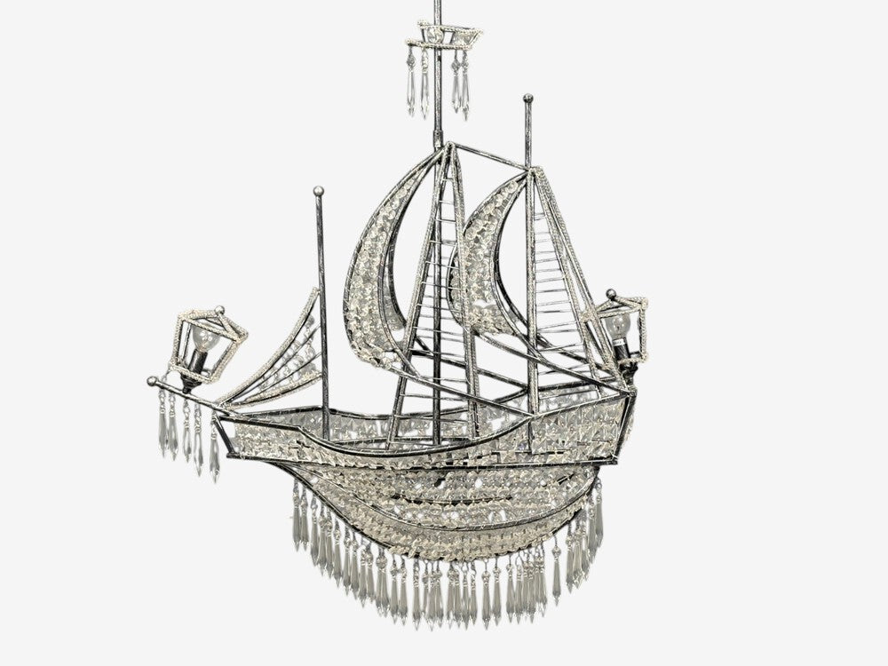 Neoclassical Style, Large Sail Boat Chandelier, Iron, Crystal, 2000s