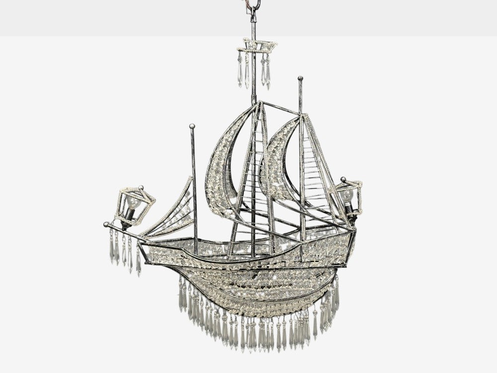 Neoclassical Style, Large Sail Boat Chandelier, Iron, Crystal, 2000s