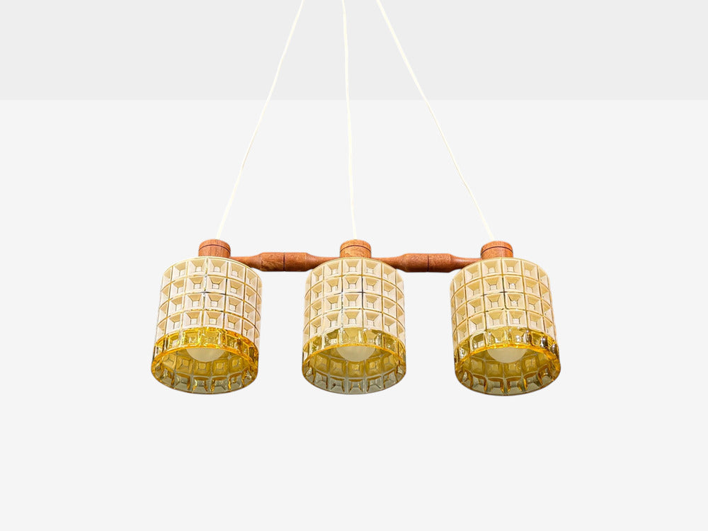 Swedish Modern, Three Light Pendant Light, Teak, Glass, Sweden, 1950s