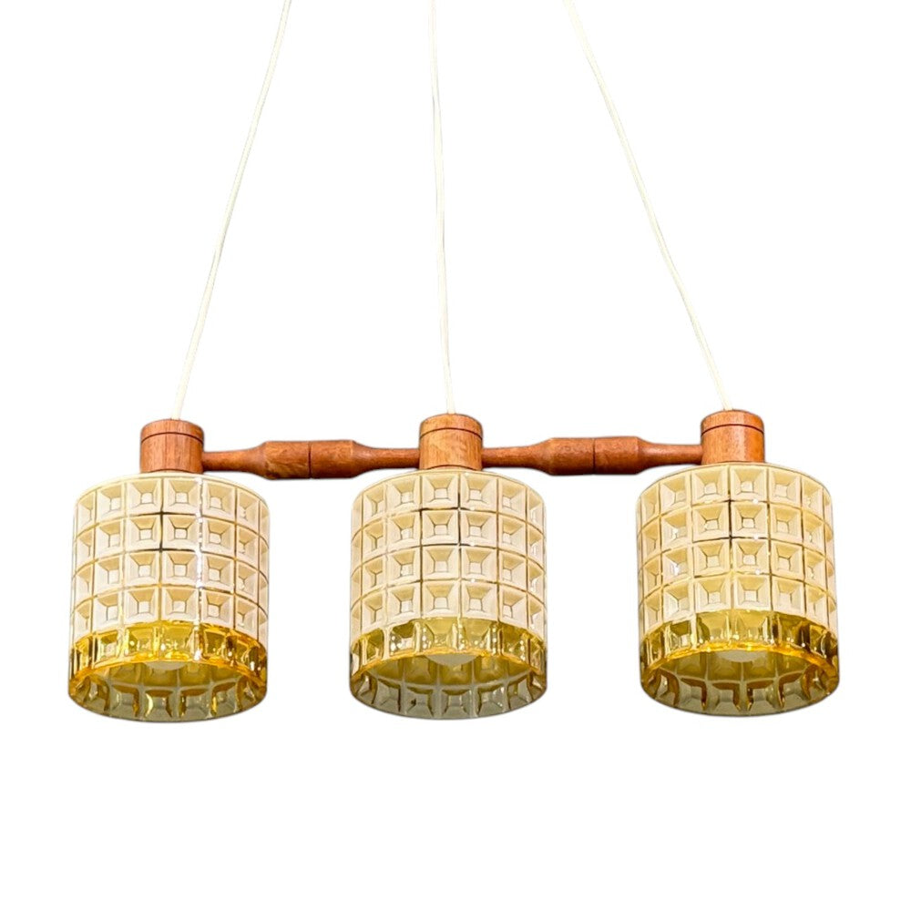 Swedish Modern, Three Light Pendant Light, Teak, Glass, Sweden, 1950s