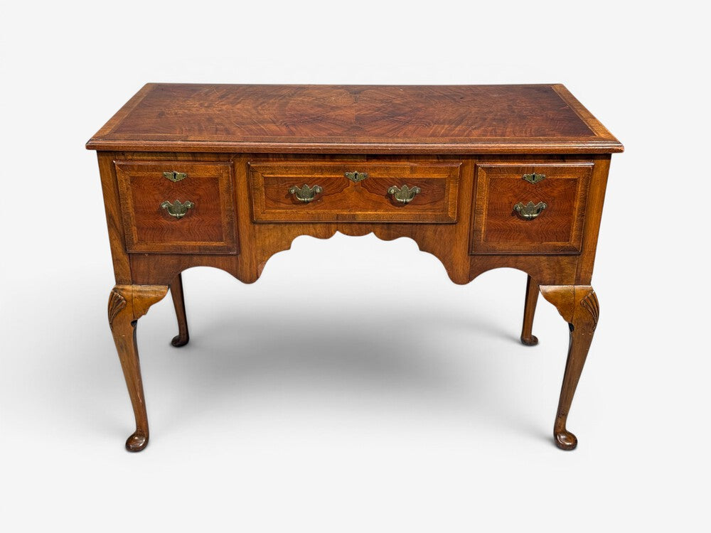Queen Anne, Lowboy Writing Desk, Crotch Mahogany Veneer, Walnut, England, 19th c.