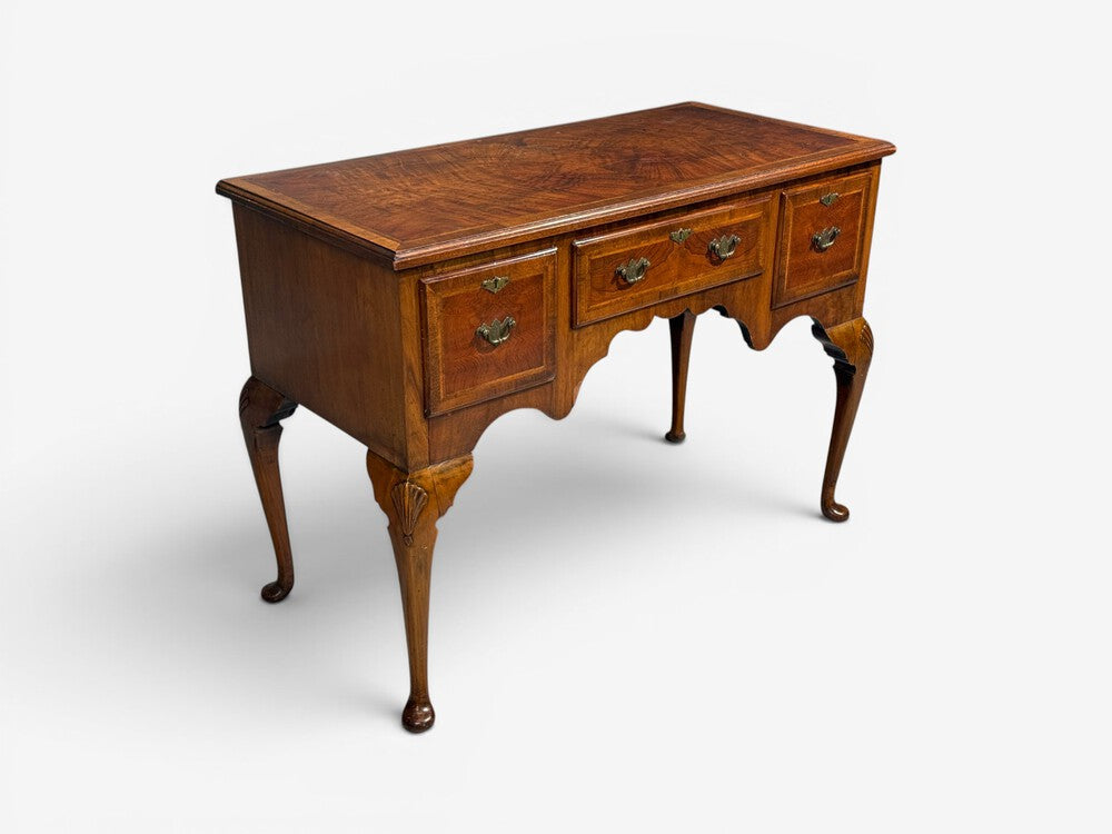 Queen Anne, Lowboy Writing Desk, Crotch Mahogany Veneer, Walnut, England, 19th c.