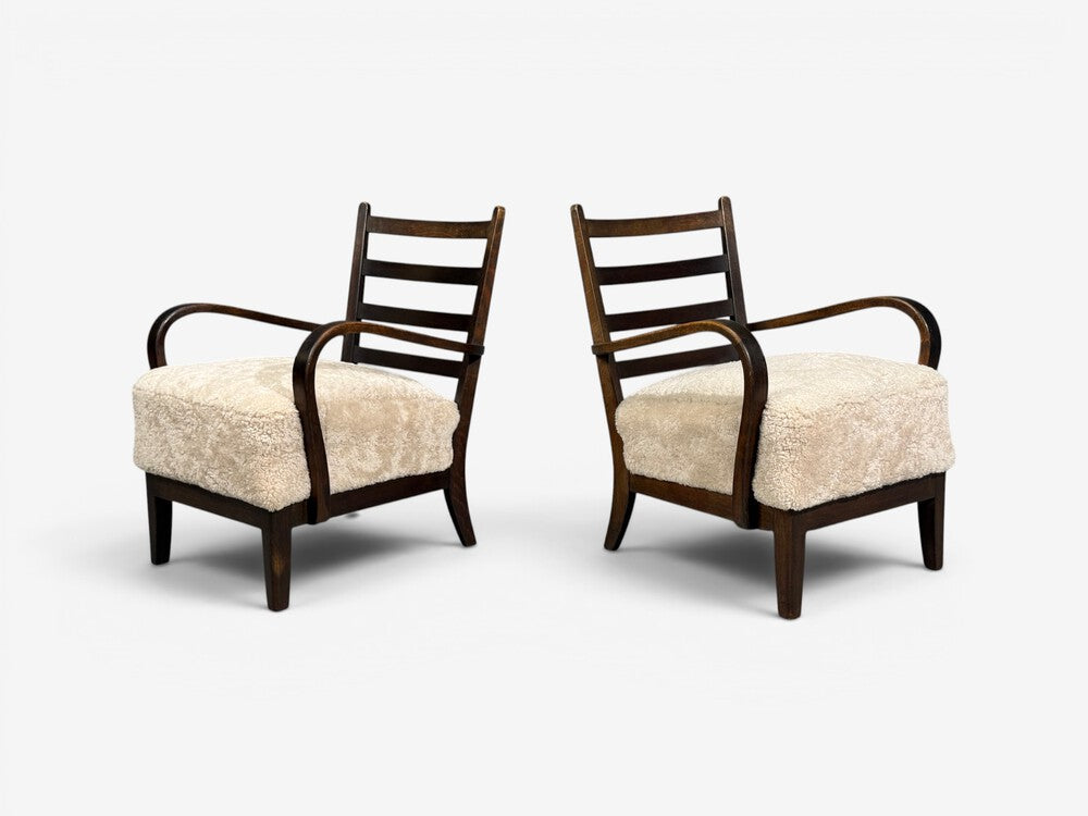 German Modern, Lounge Chairs, Oak, Beige Shearling, Germany, 1940s