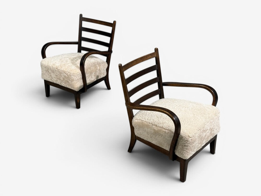 German Modern, Lounge Chairs, Oak, Beige Shearling, Germany, 1940s