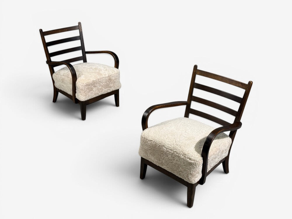 German Modern, Lounge Chairs, Oak, Beige Shearling, Germany, 1940s