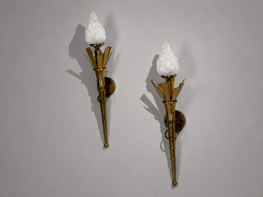Neoclassical, Monumental Torchiere Wall Sconces, Brass, Glass, 20th c.