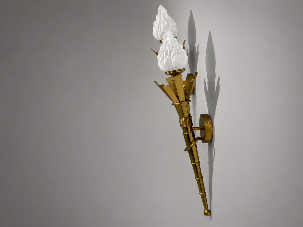 Neoclassical, Monumental Torchiere Wall Sconces, Brass, Glass, 20th c.