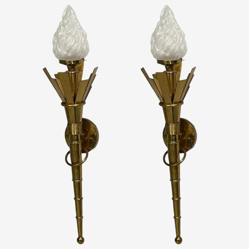 Neoclassical, Monumental Torchiere Wall Sconces, Brass, Glass, 20th c.