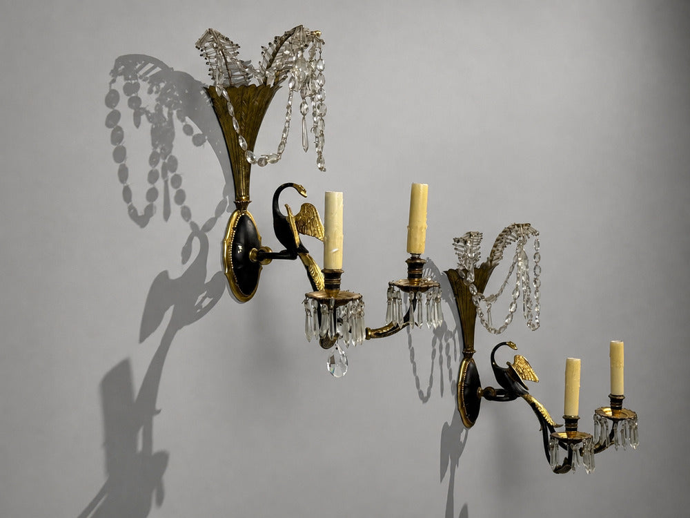 Neoclassical Style, Swan Sconces, Gilt Metal, Crystal, France, 1930s