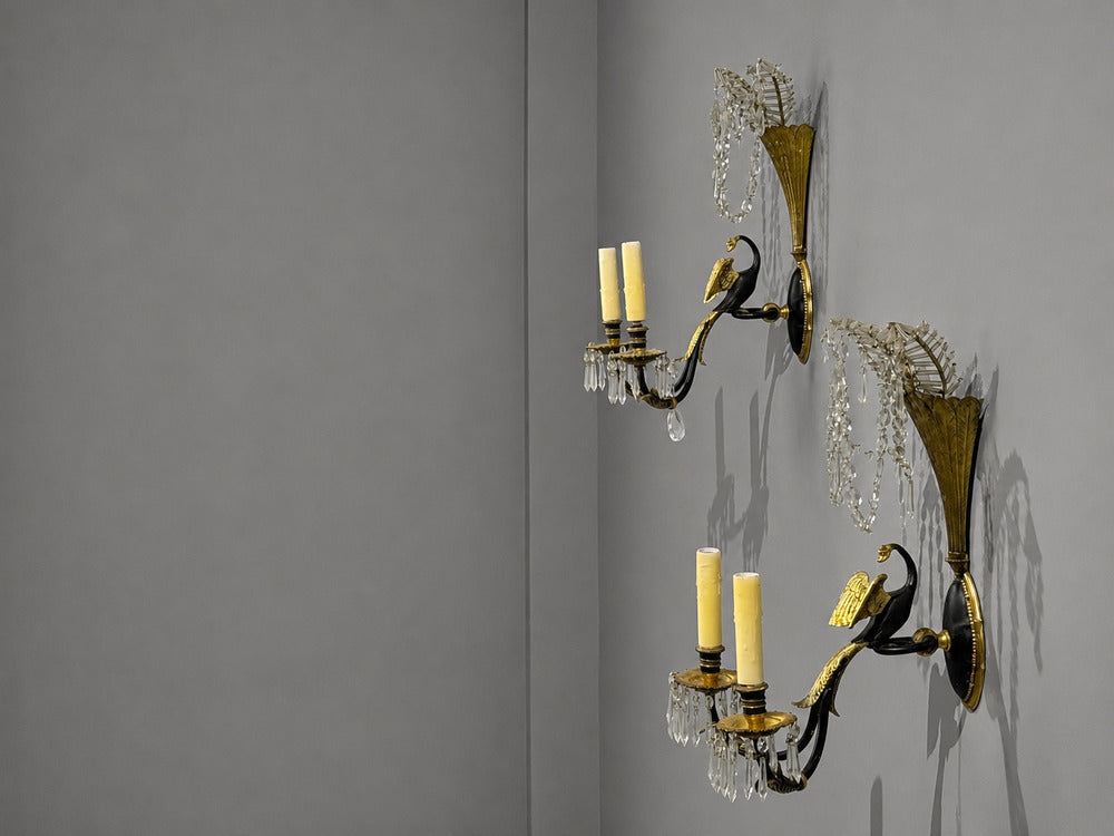 Neoclassical Style, Swan Sconces, Gilt Metal, Crystal, France, 1930s