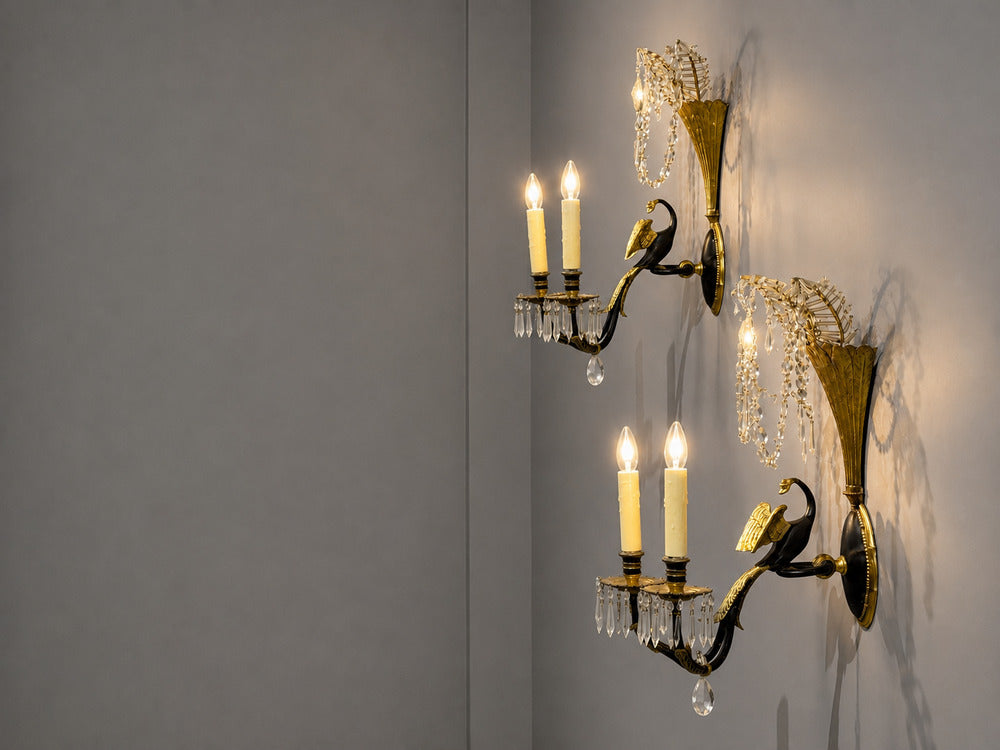 Neoclassical Style, Swan Sconces, Gilt Metal, Crystal, France, 1930s