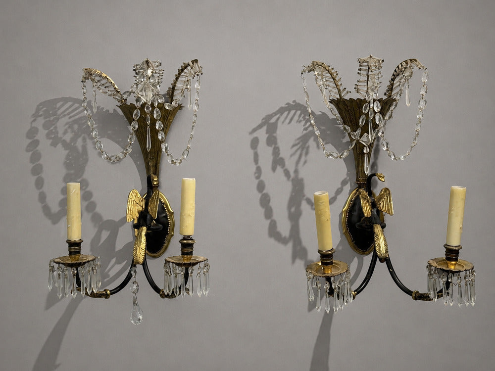 Neoclassical Style, Swan Sconces, Gilt Metal, Crystal, France, 1930s