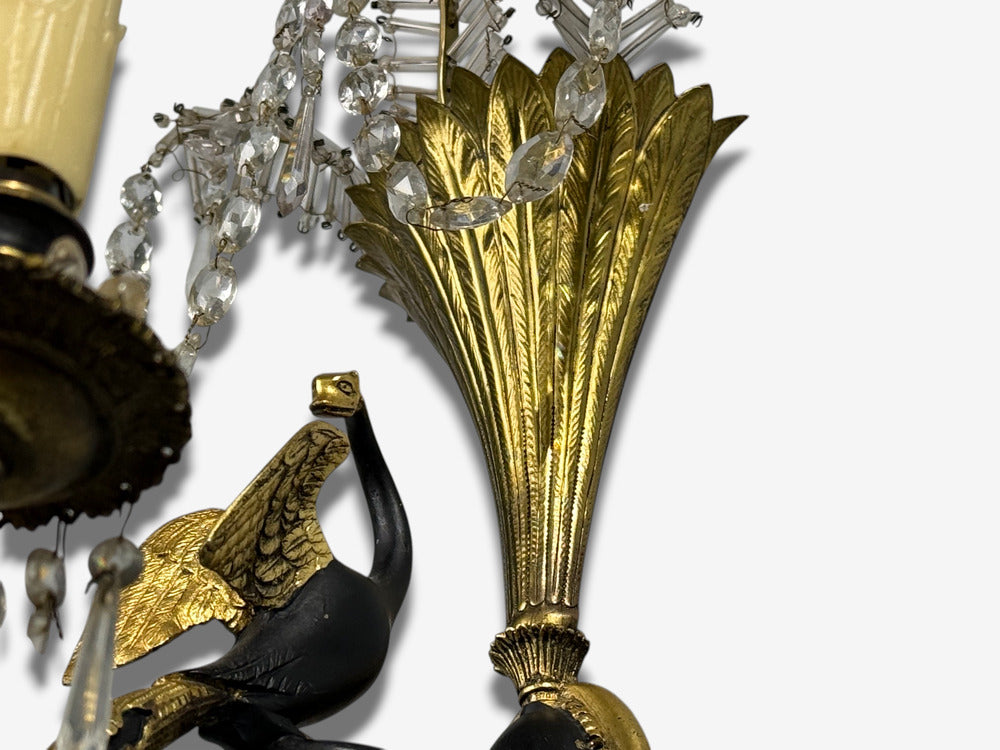 Neoclassical Style, Swan Sconces, Gilt Metal, Crystal, France, 1930s