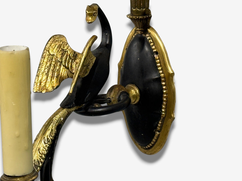 Neoclassical Style, Swan Sconces, Gilt Metal, Crystal, France, 1930s