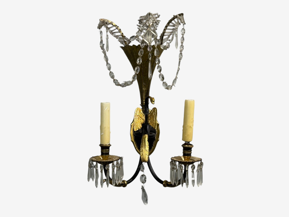 Neoclassical Style, Swan Sconces, Gilt Metal, Crystal, France, 1930s