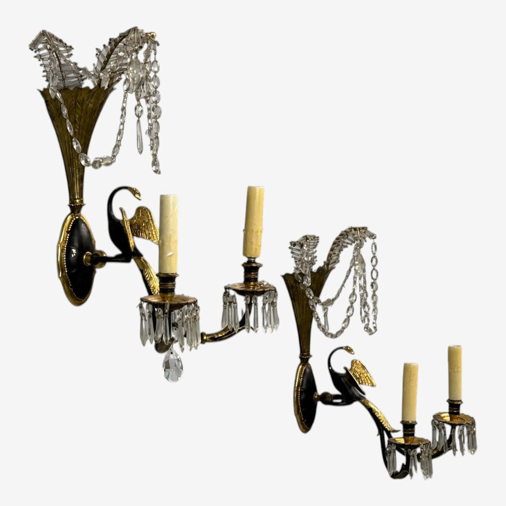 Neoclassical Style, Swan Sconces, Gilt Metal, Crystal, France, 1930s