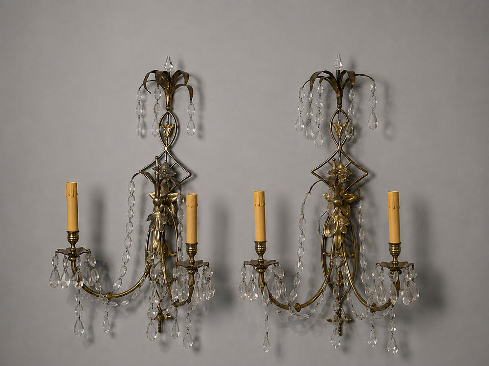 Neoclassical Style, Wall Sconces, Bronze, Crystal, France, 1950s