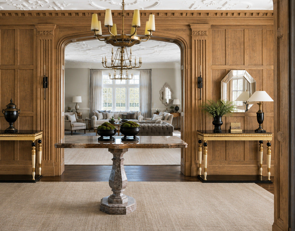 Maison Jansen attr, Neoclassical Style Console Tables, Carved Wood, Black Marble