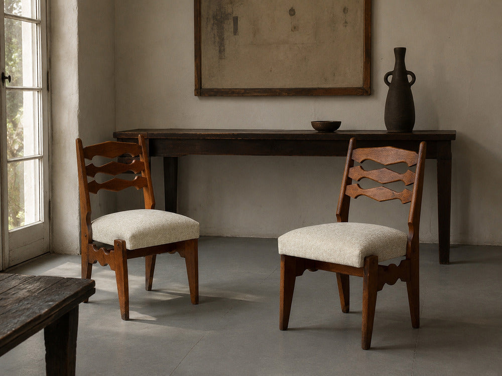 Guillerme & Chambron, Dining Chair, Oak, Green Fabric, France, 1950s