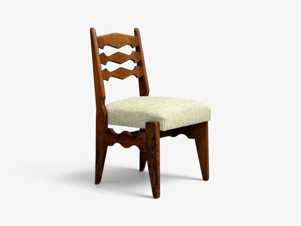 Guillerme & Chambron, Dining Chair, Oak, Green Fabric, France, 1950s