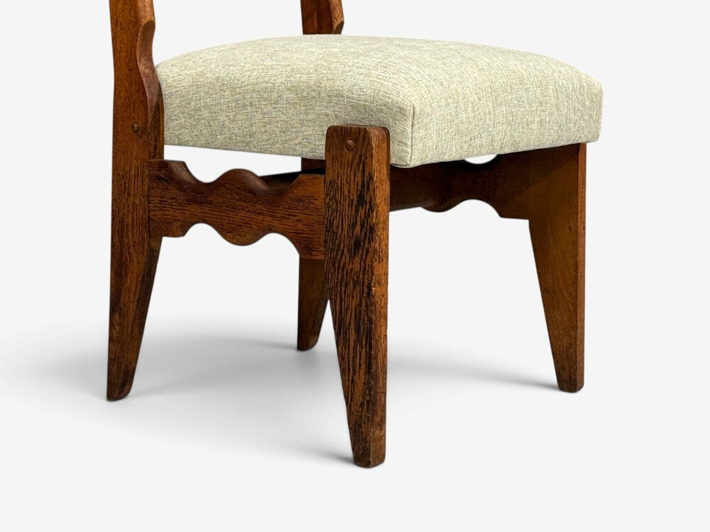 Guillerme & Chambron, Dining Chair, Oak, Green Fabric, France, 1950s