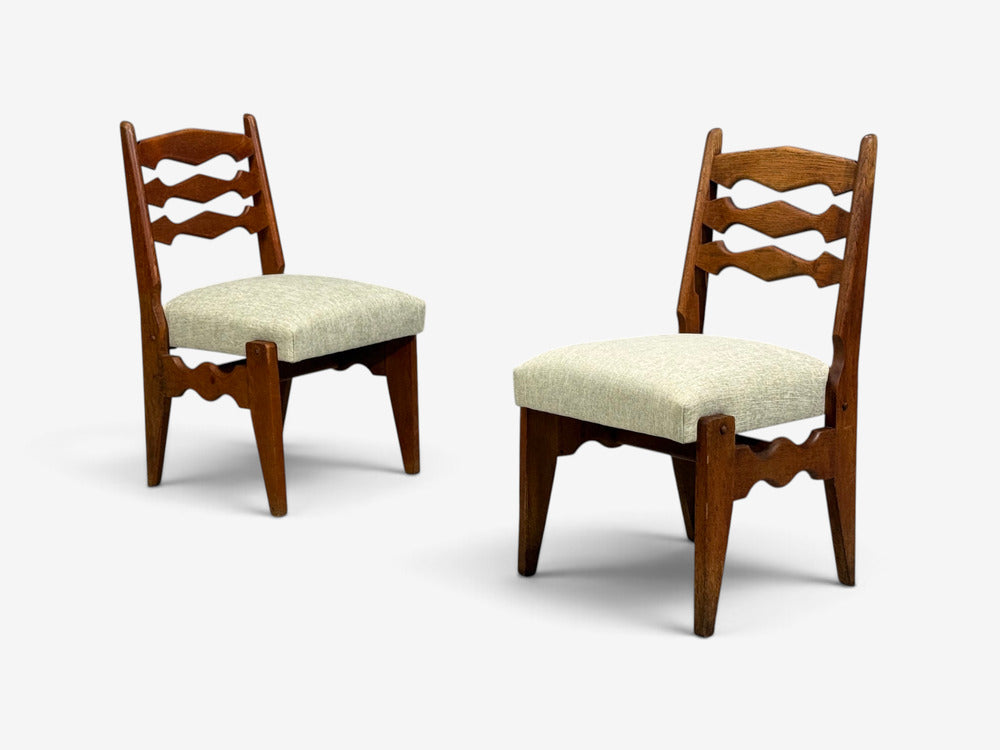 Guillerme & Chambron, Dining Chairs, Oak, Green Fabric, France, 1950s