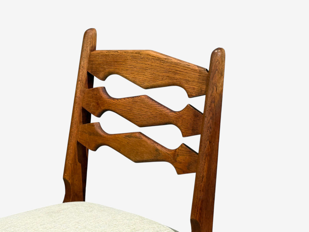Guillerme & Chambron, Dining Chairs, Oak, Green Fabric, France, 1950s