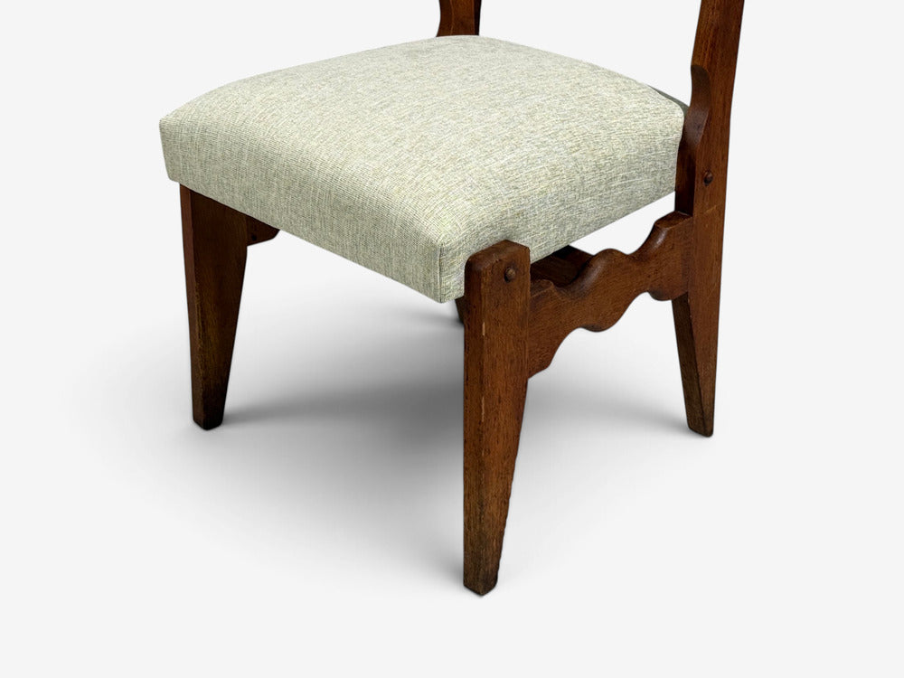 Guillerme & Chambron, Dining Chairs, Oak, Green Fabric, France, 1950s