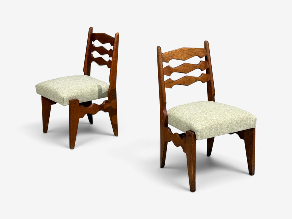 Guillerme & Chambron, Dining Chairs, Oak, Green Fabric, France, 1950s